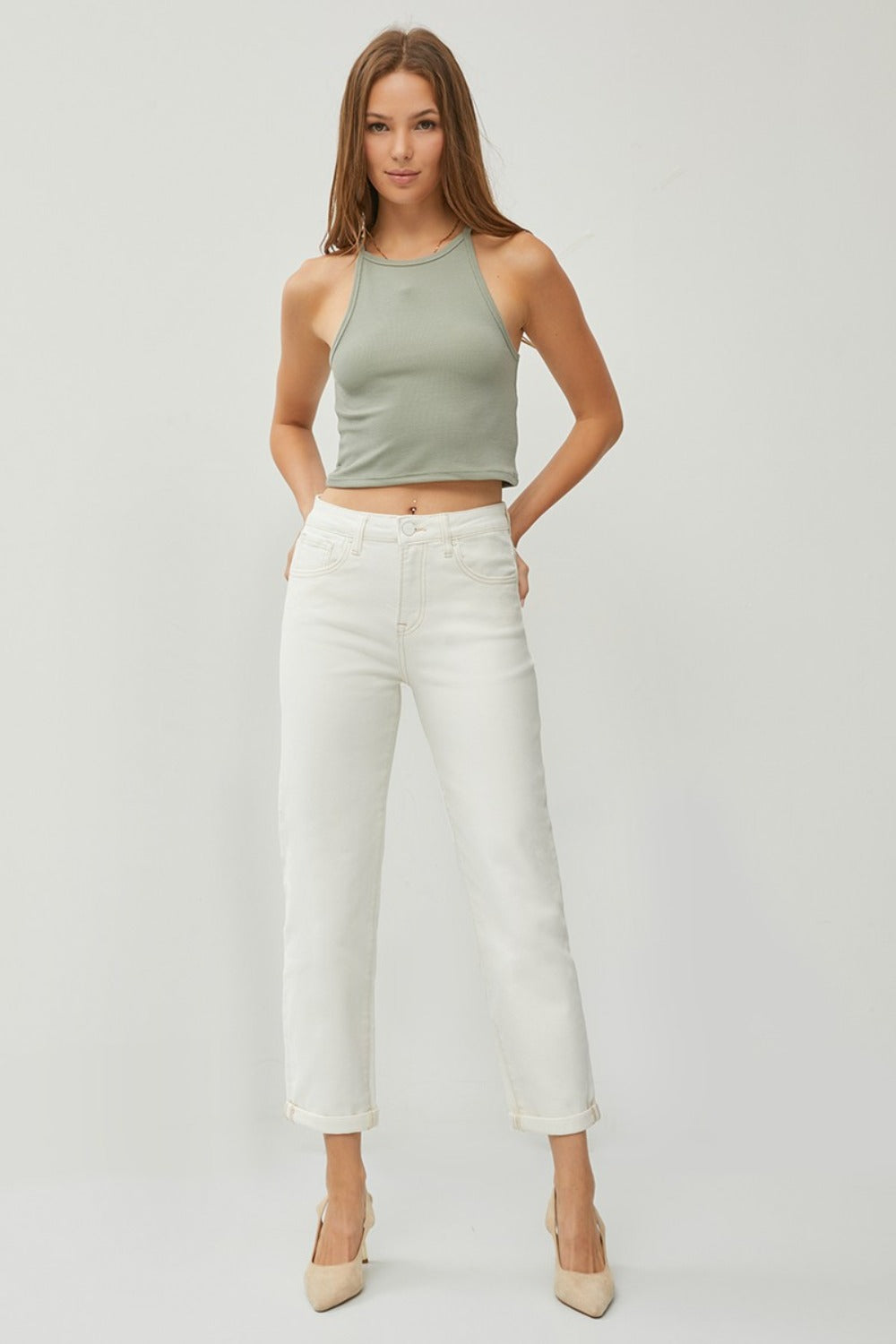 RISEN High Waist Rolled Hem Straight Jeans - Cream