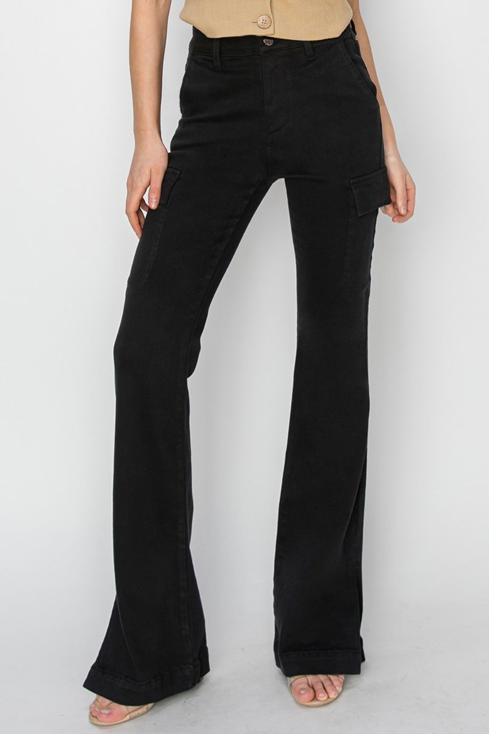 RISEN High Rise Side Slit Cargo Bootcut Jeans - Black