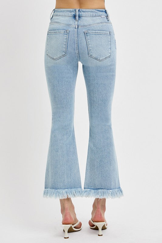 RISEN Raw Hem Distressed Cropped Flare Jeans