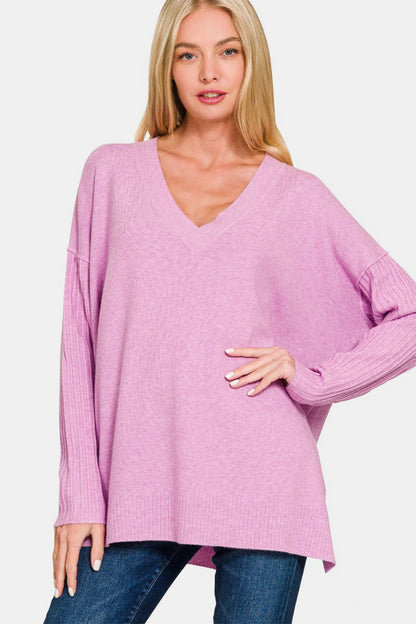 Zenana V-Neck High-Low Sweater - Mauve