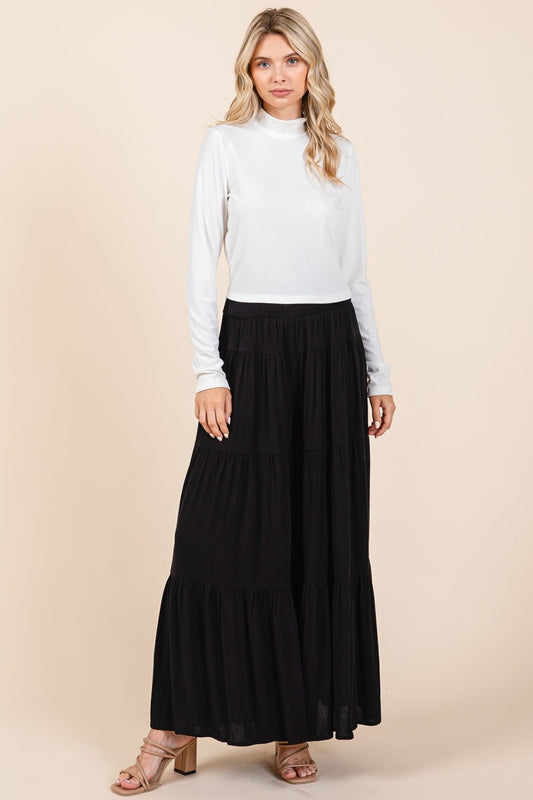 Mittoshop Tier Detail Smocked Elastic Waist Wide Leg Pants - Black
