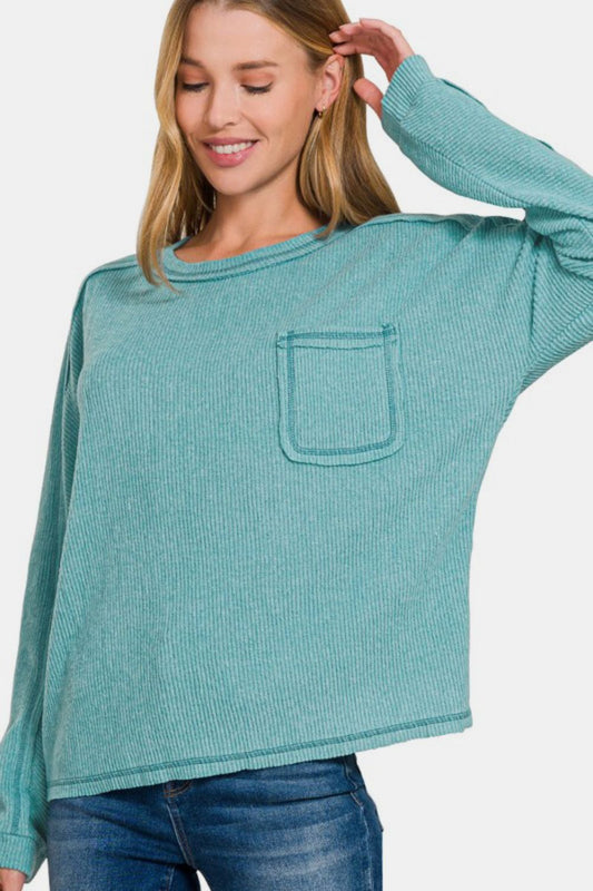 Zenana Ribbed Hacci Top - Teal