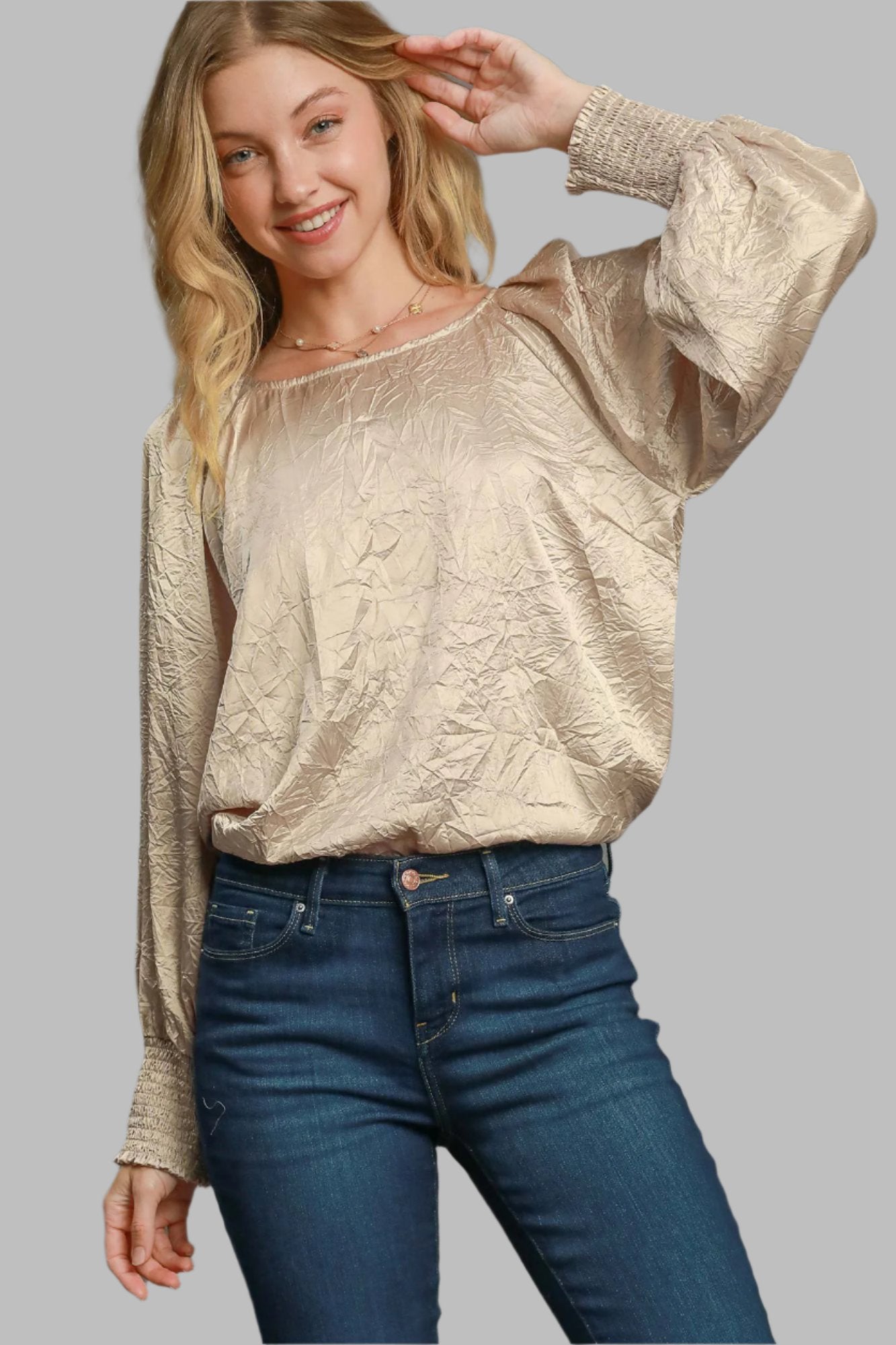 Umgee Wrinkled Lantern Sleeve Top - Tan