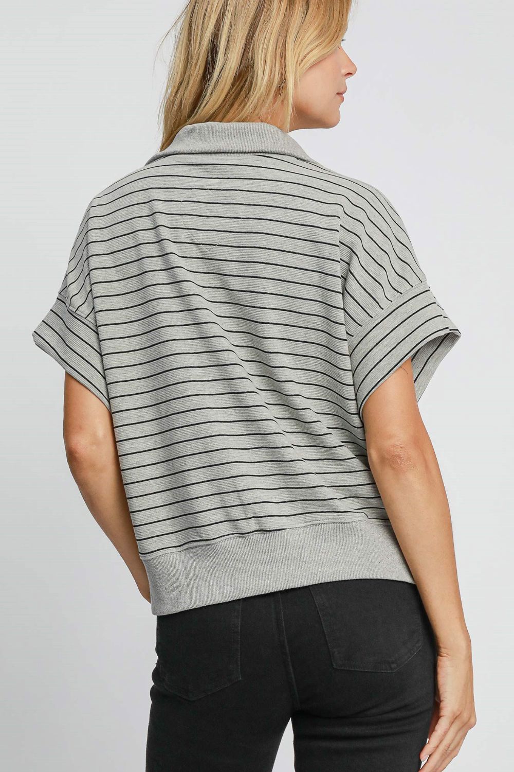 Umgee Striped Short Sleeve Sweatshirt - Gray