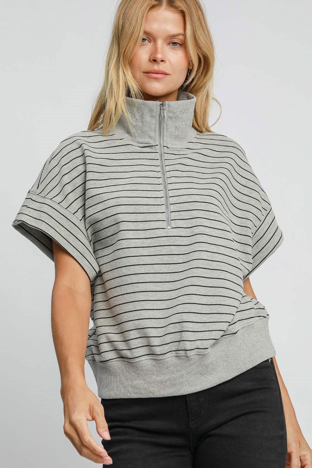 Umgee Striped Short Sleeve Sweatshirt - Gray