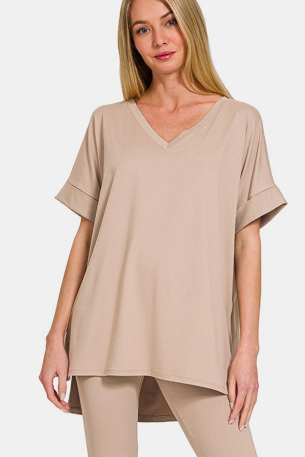 Zenana V-Neck Short Sleeve Top & Leggings Set - Light Mocha