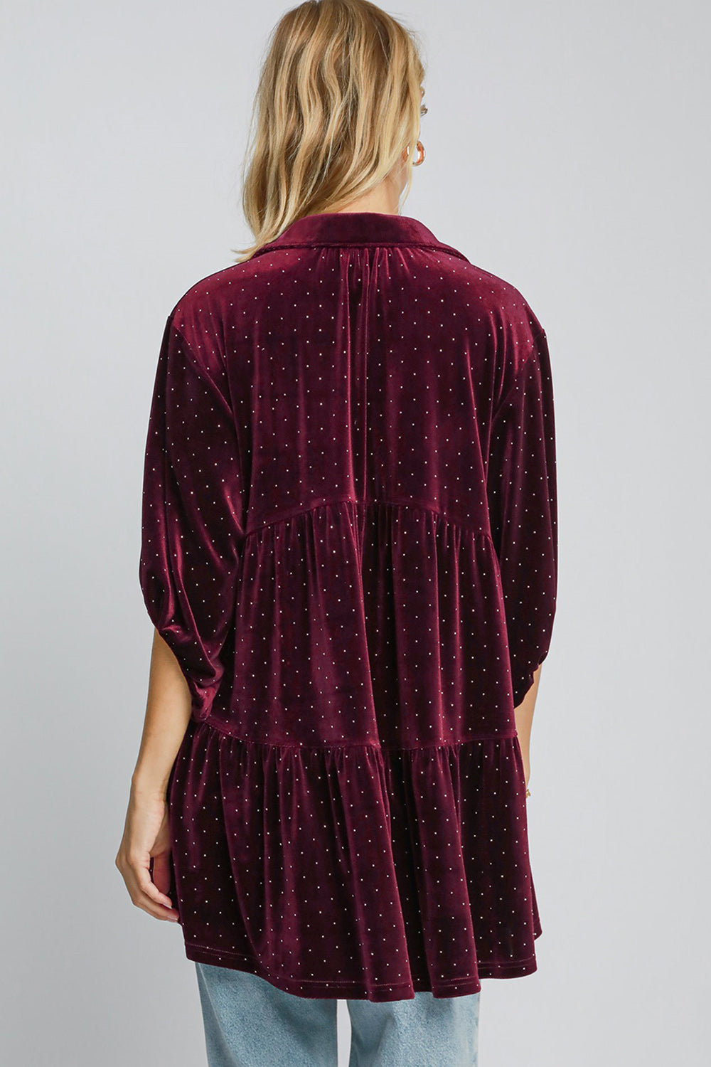 Umgee Polka Dot Button Up Top - Burgundy