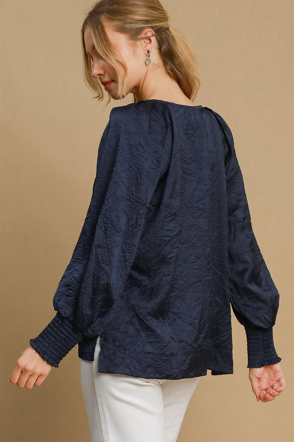 Umgee Wrinkled Lantern Sleeve Top - Navy