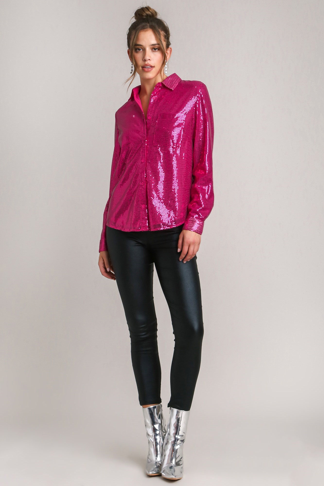 Umgee Sequin Long Sleeve Top - Cerise