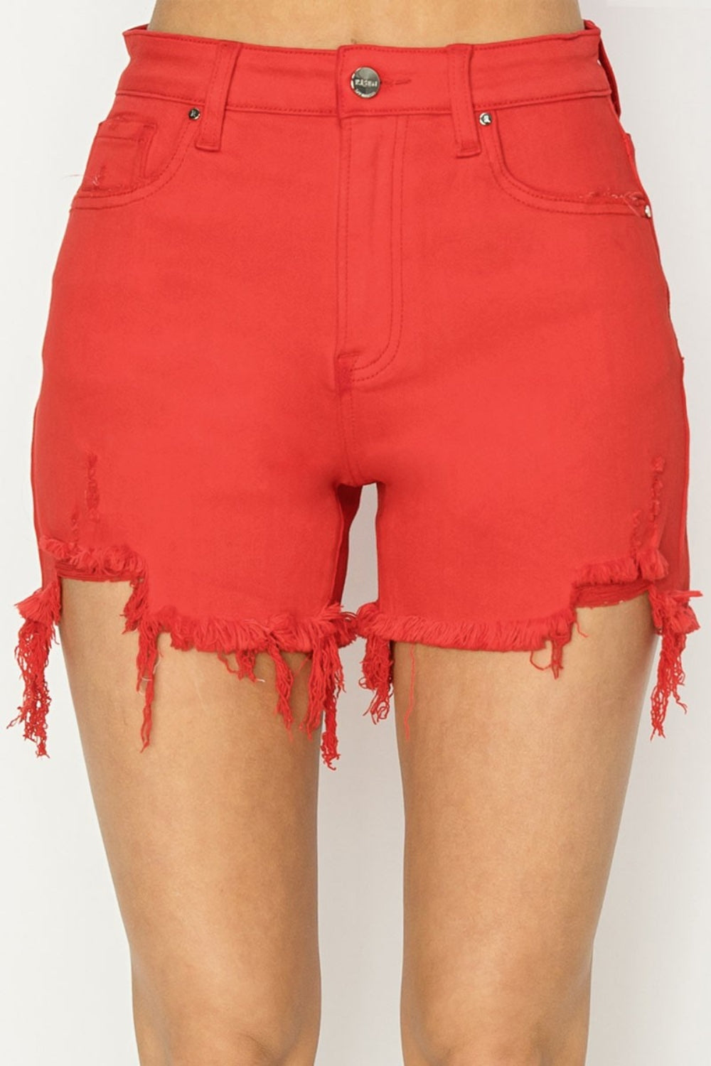 RISEN High Rise Distressed Denim Shorts - Fiesta