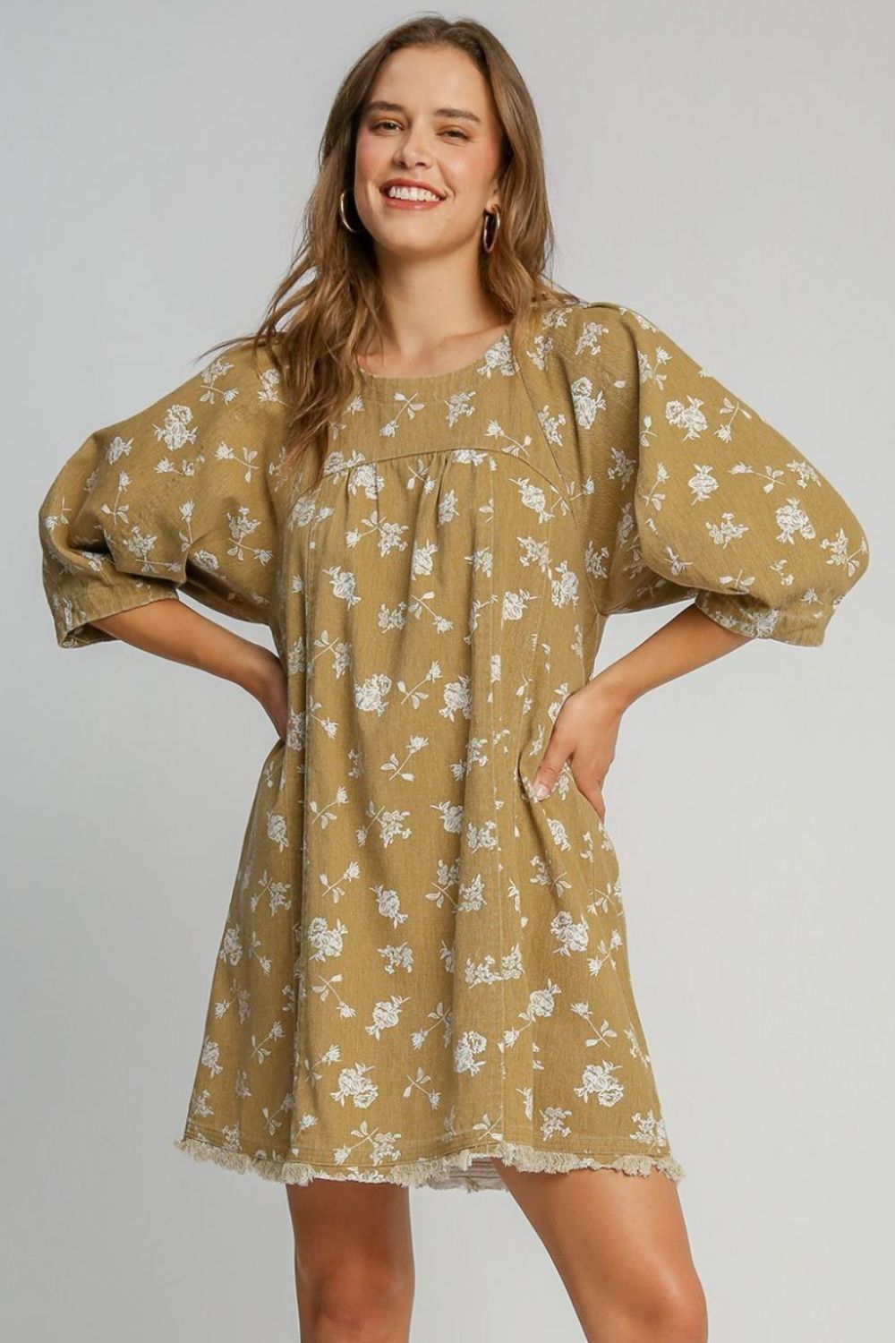 Umgee Raw Hem Floral Print Denim Dress