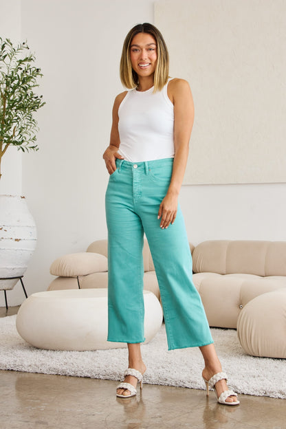 RFM Cropped Tummy Control Raw Hem Jeans - Island Green