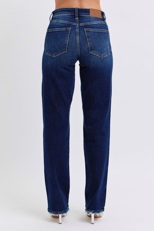 Judy Blue Raw Hem Straight Leg Jeans - Dark