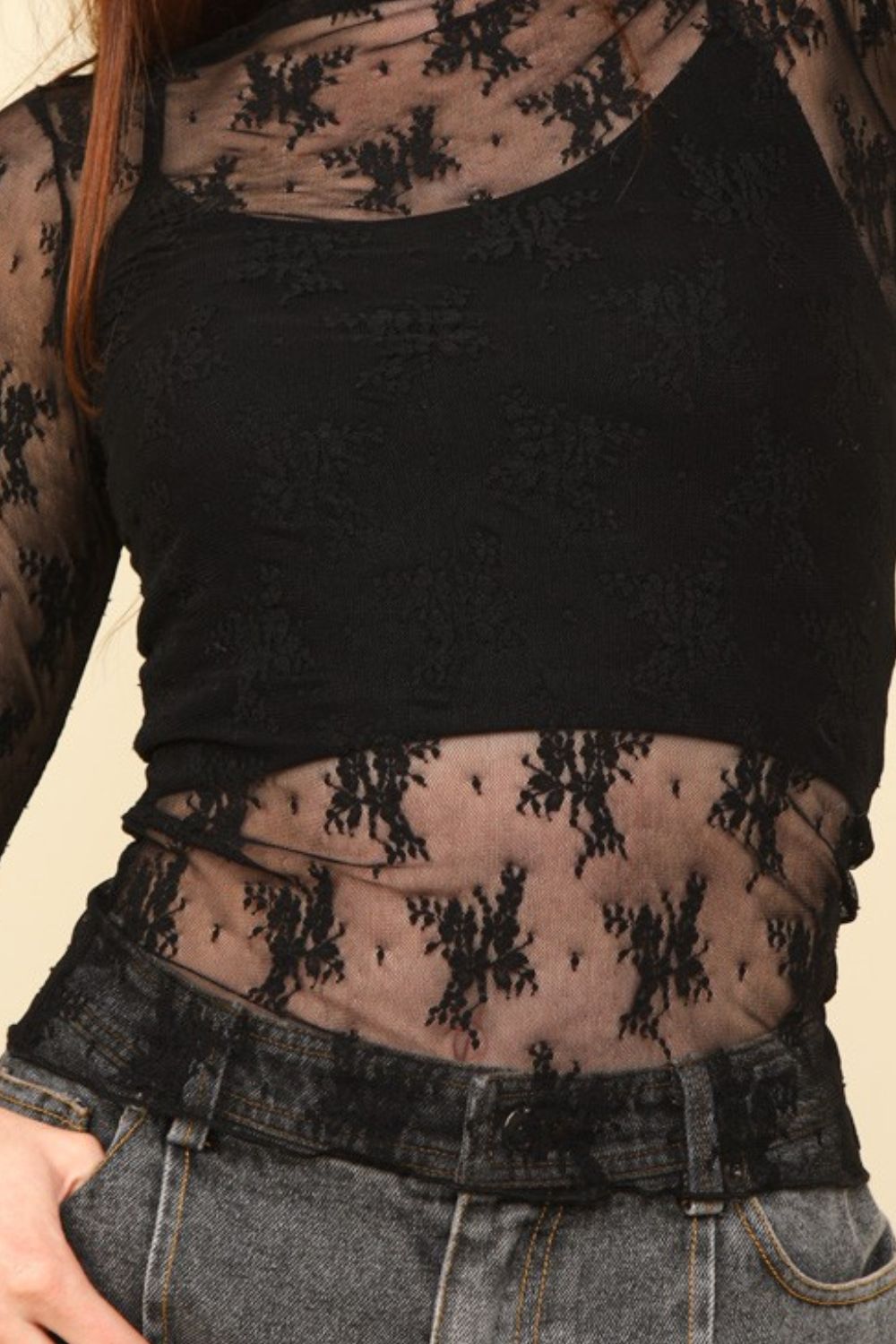 Black Sheer Mesh Lace Top