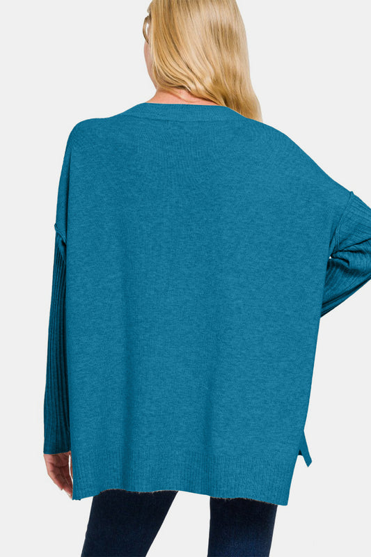 Zenana V-Neck High-Low Sweater - Teal