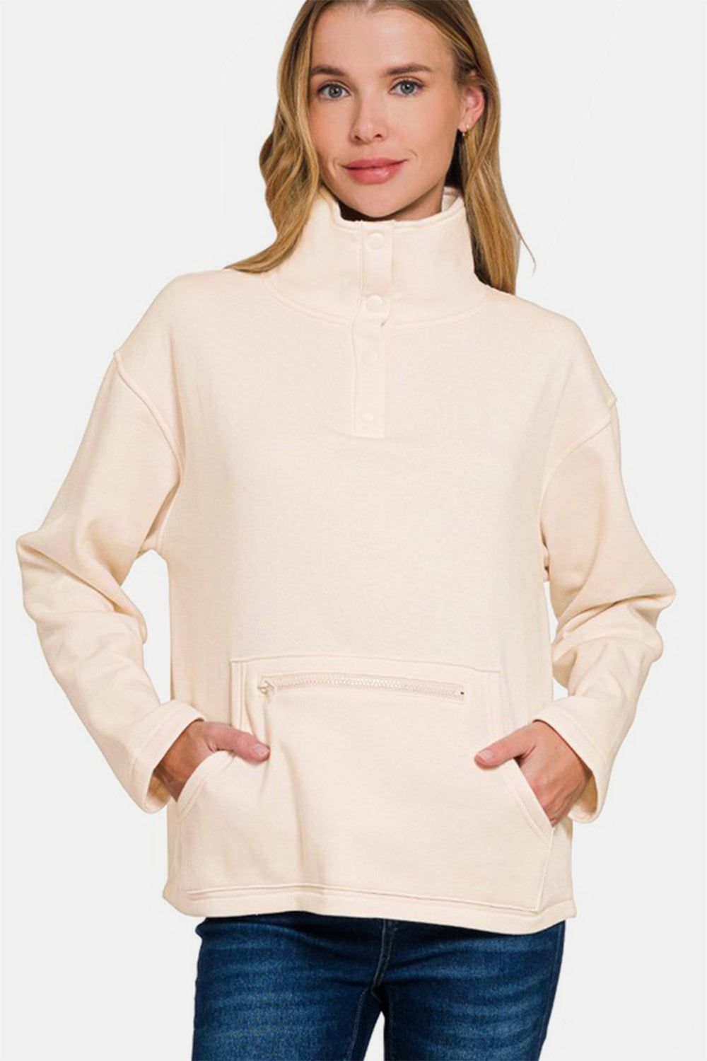 Zenana Turtleneck Half Snap Fleece Sweatshirt - Cream