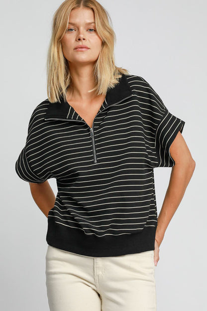 Umgee Striped Short Sleeve Sweatshirt - Black