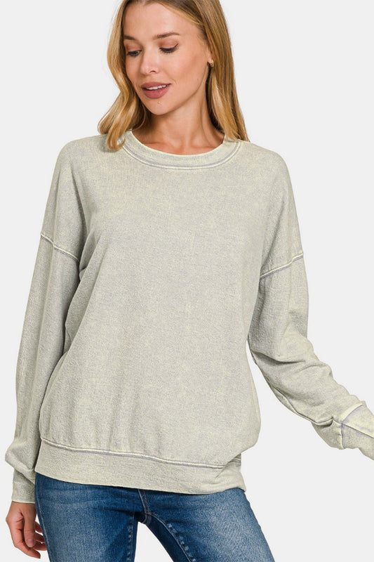 Zenana Washed Dropped Shoulder Sweatshirt - Light Gray