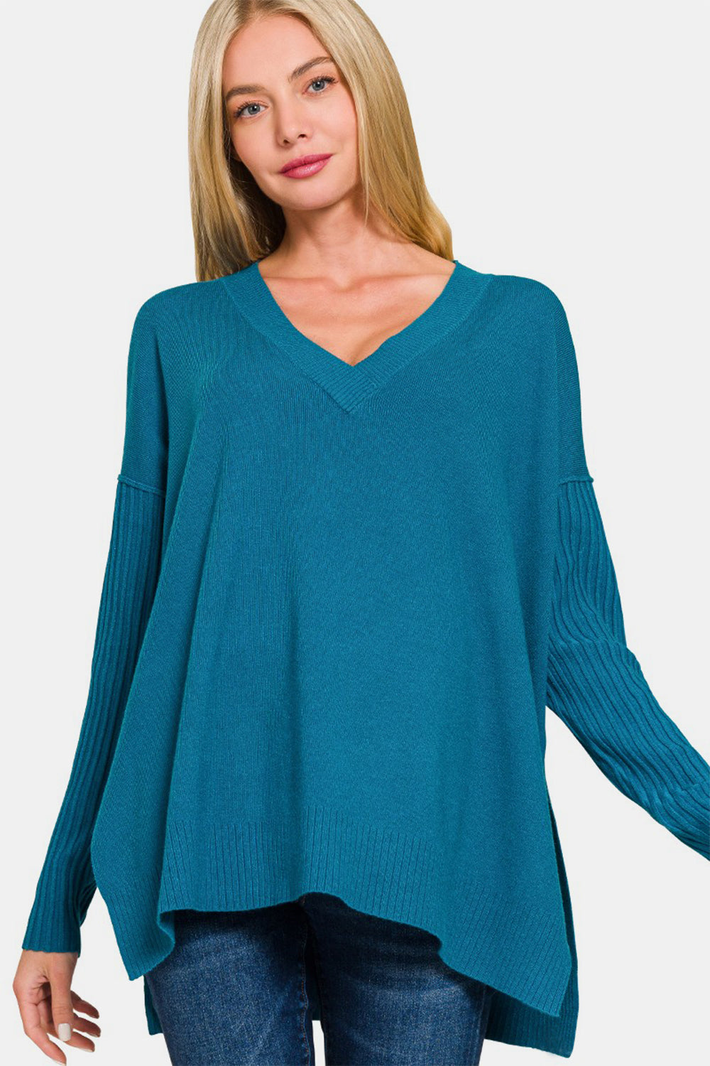 Zenana V-Neck High-Low Sweater - Teal