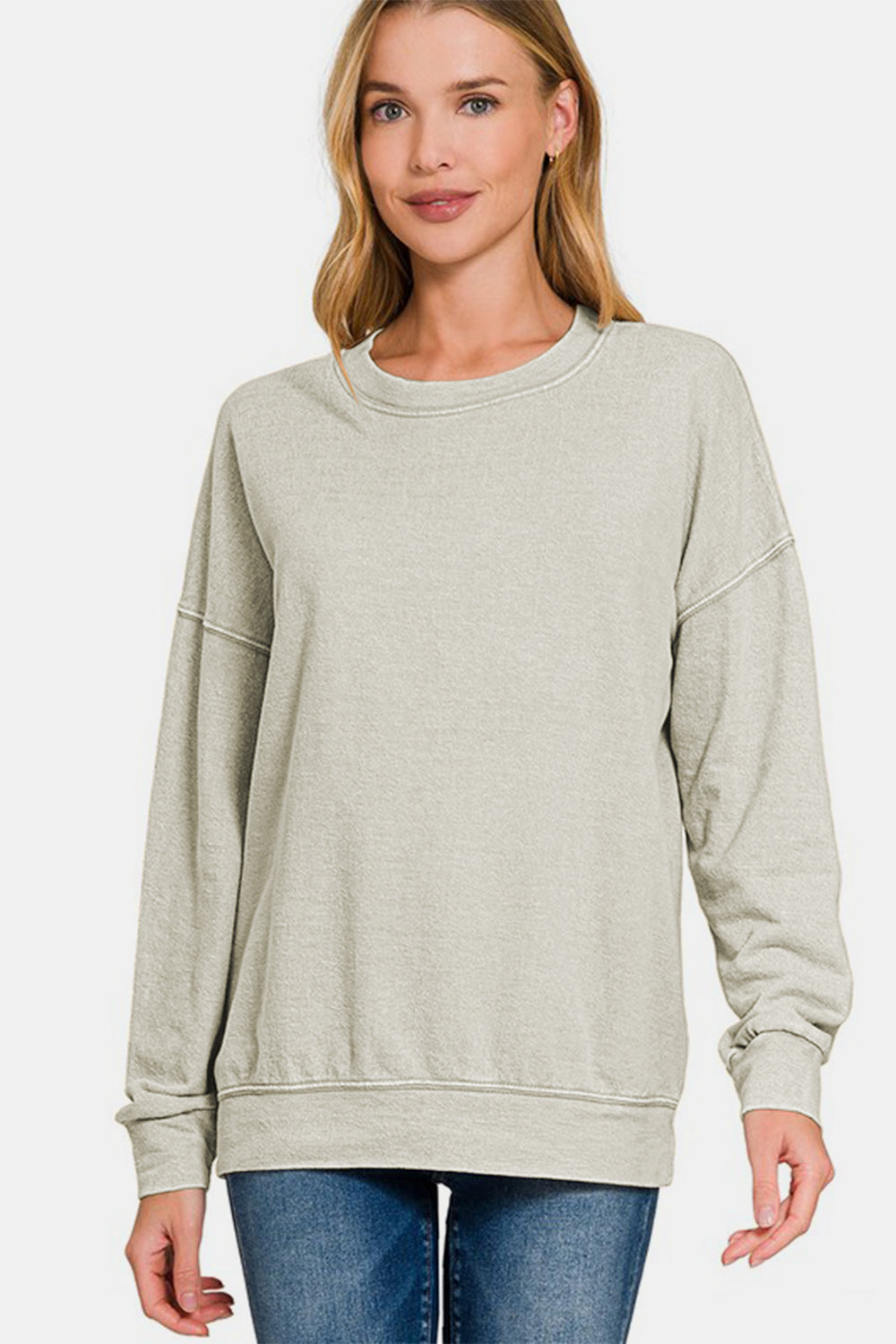 Zenana Washed Dropped Shoulder Sweatshirt - Light Gray