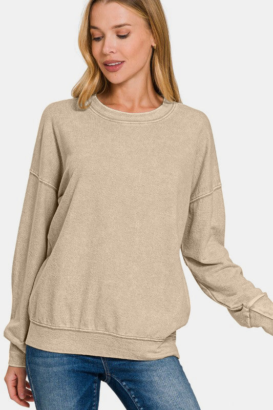 Zenana Washed Dropped Shoulder Sweatshirt - Khaki