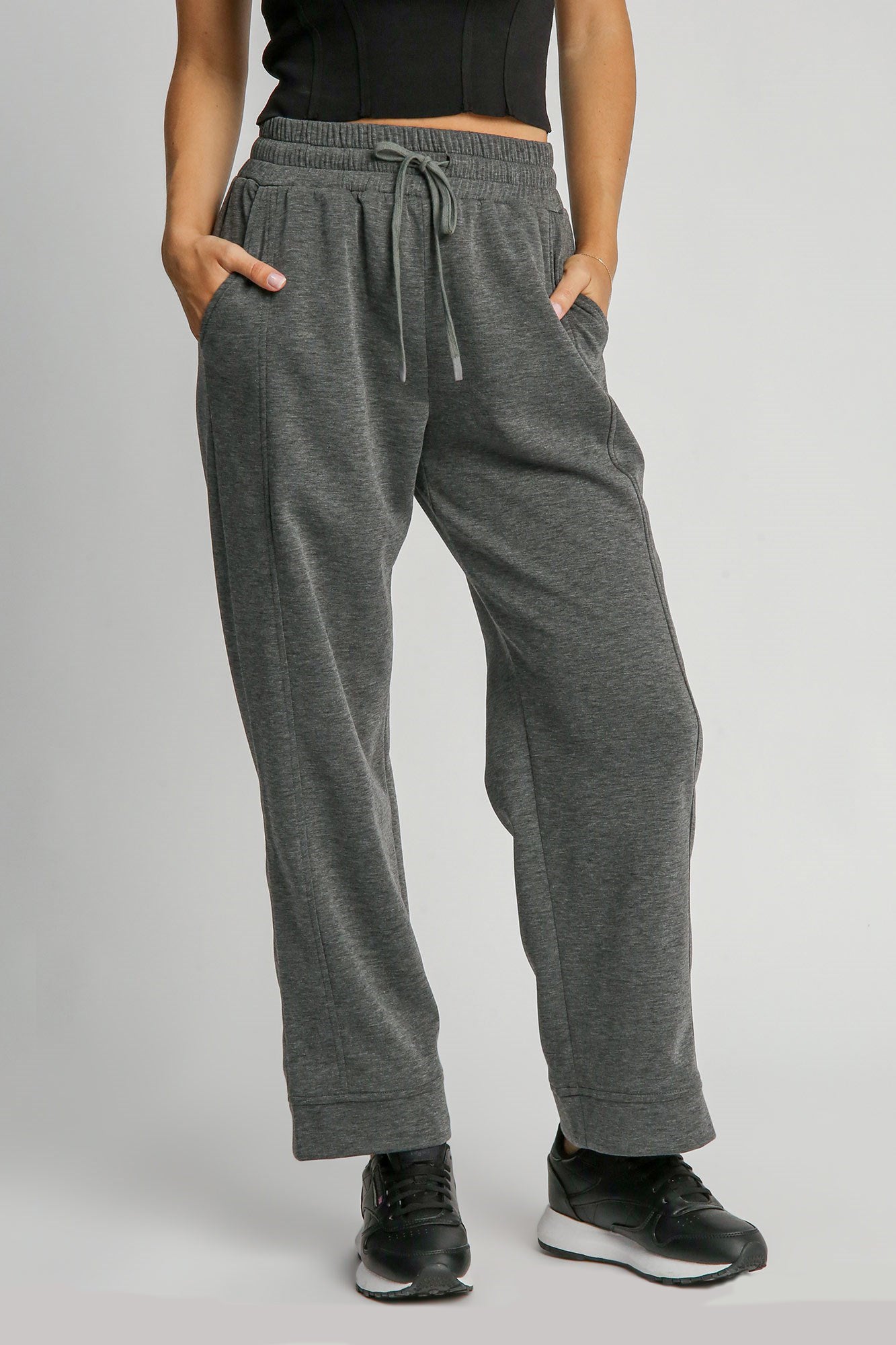 Umgee Drawstring Wide Leg Pants with Pockets - Dark Gray