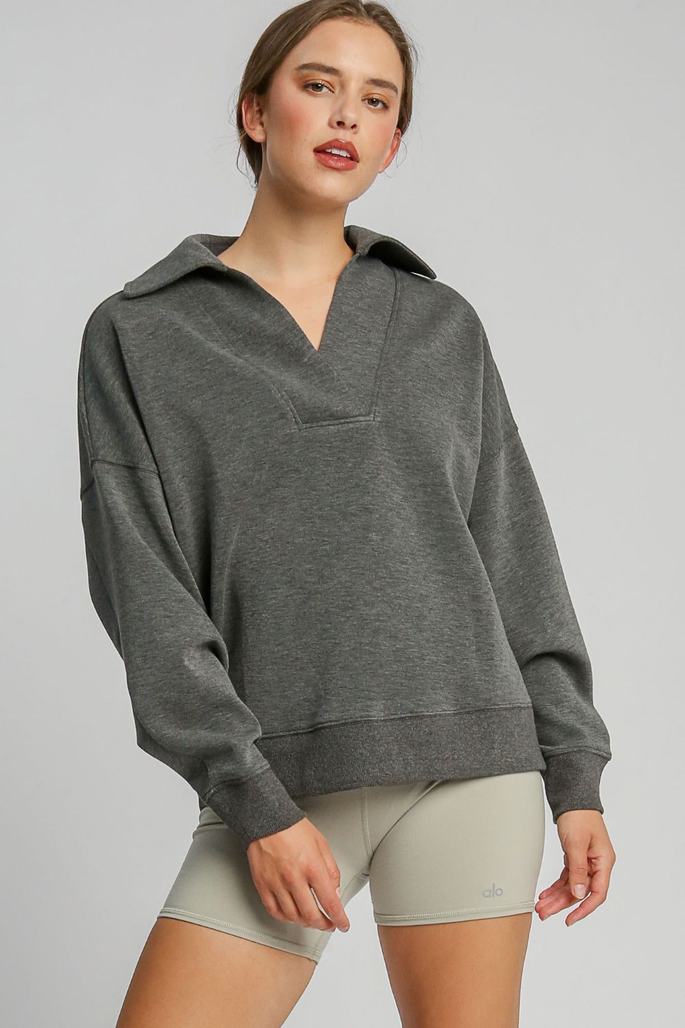 Umgee Johnny Collar Sweatshirt - Charcoal