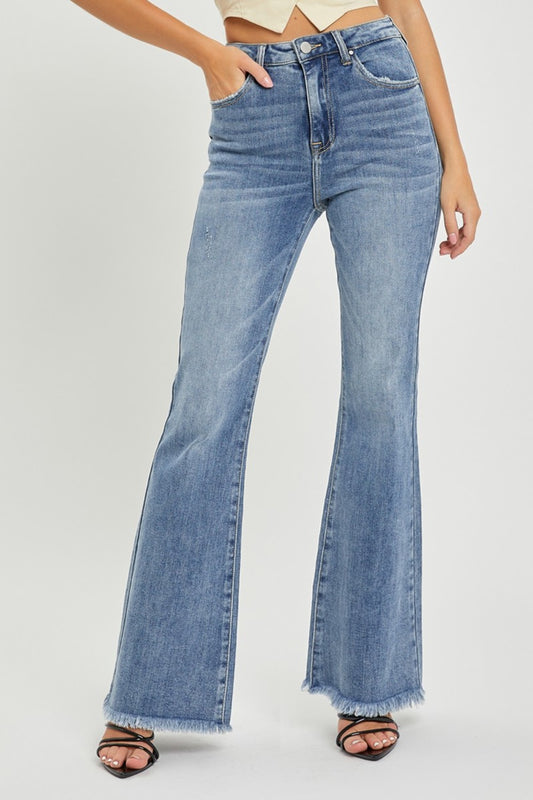 RISEN High Waist Raw Hem Flare Jeans - Medium