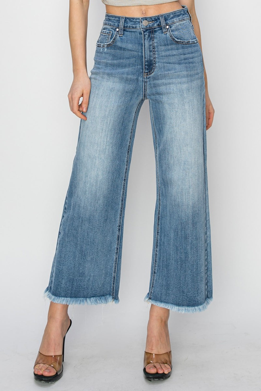 RISEN Raw Hem Cropped Wide Leg Jeans - Medium Wash