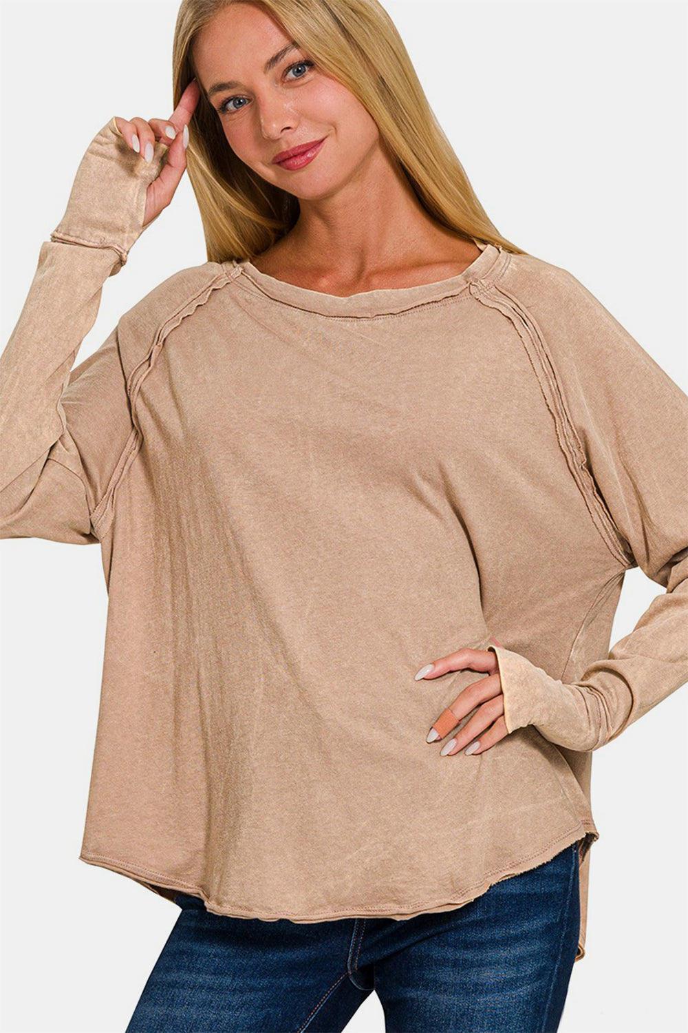 Zenana Ash Mocha Thumbhole Top