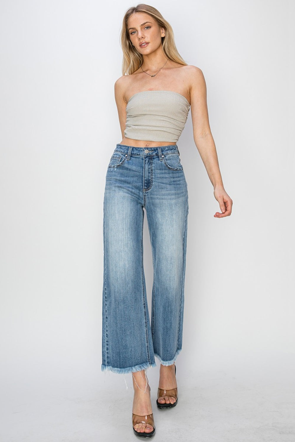 RISEN Raw Hem Cropped Wide Leg Jeans - Medium Wash