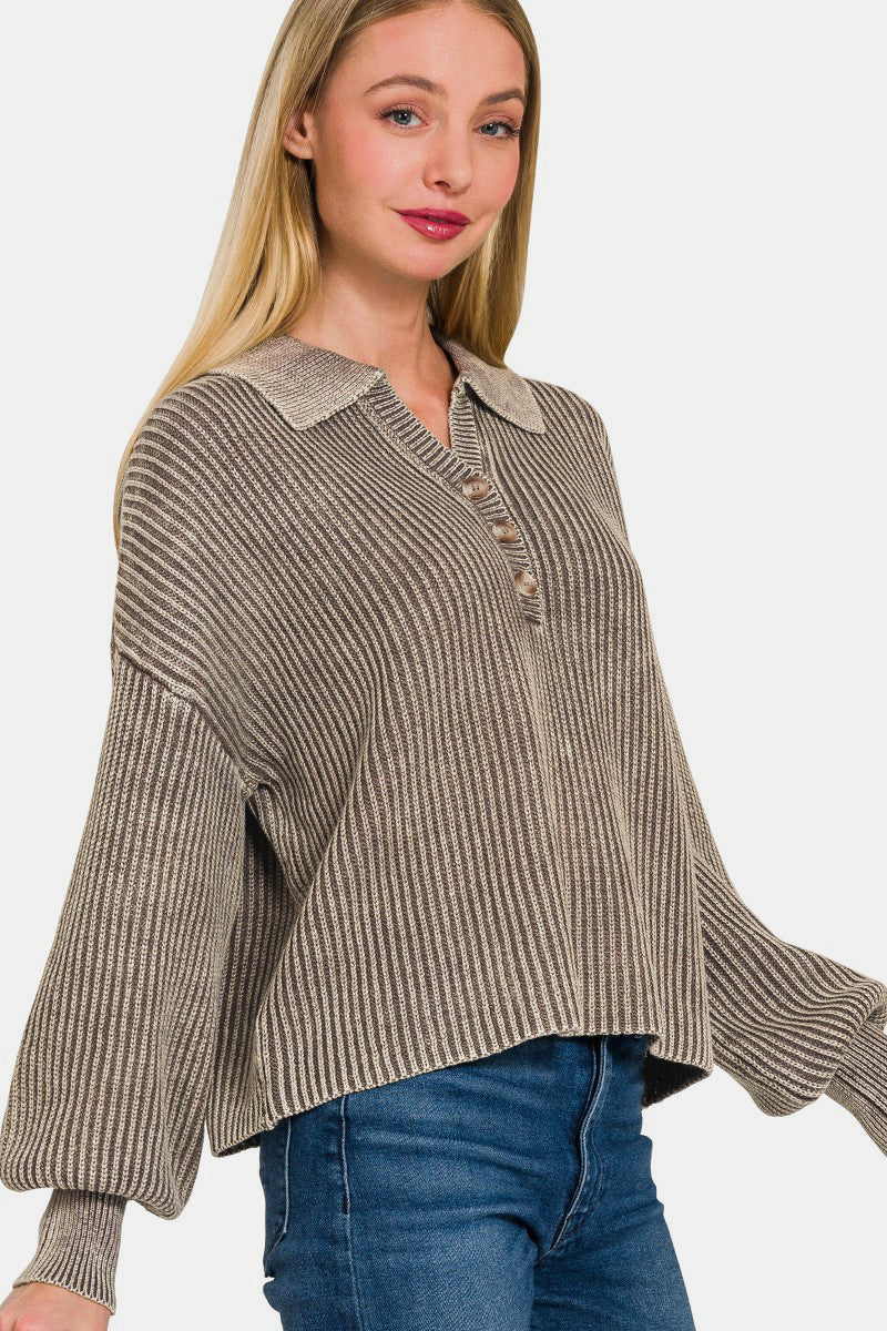 Zenana Collared Sweater - Mocha