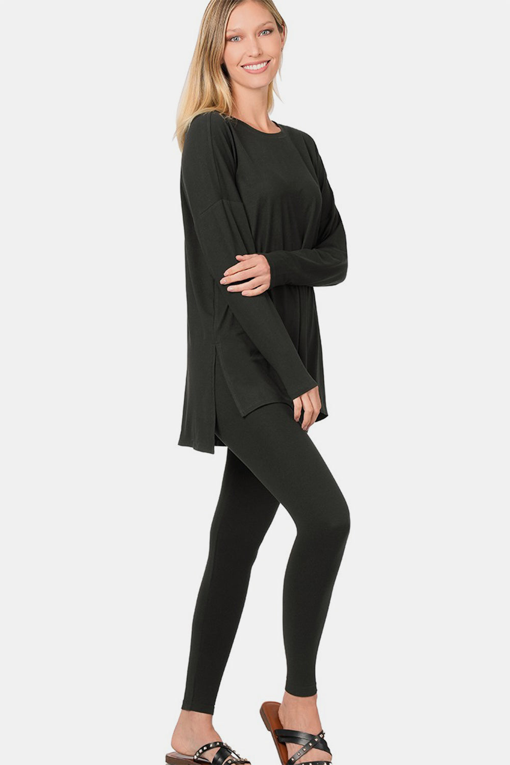 Zenana Brushed Microfiber Top and Leggings Set - Black