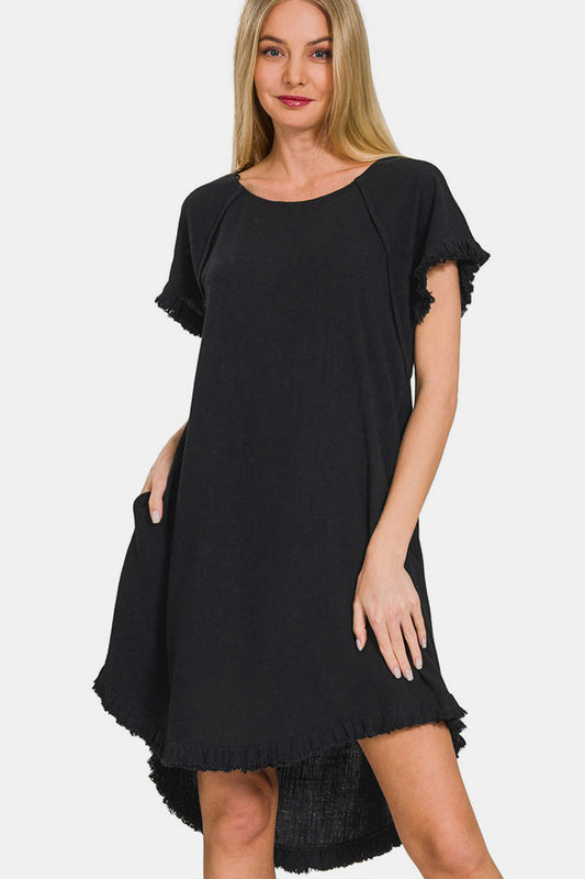 Zenana Fringe Dress with Pockets - Black