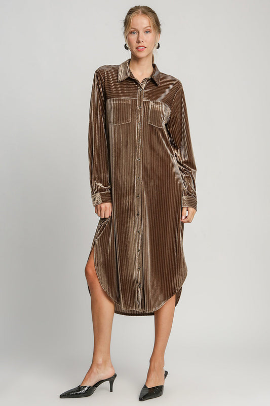 Umgee Textured Button Down Shirt Dress - Brown