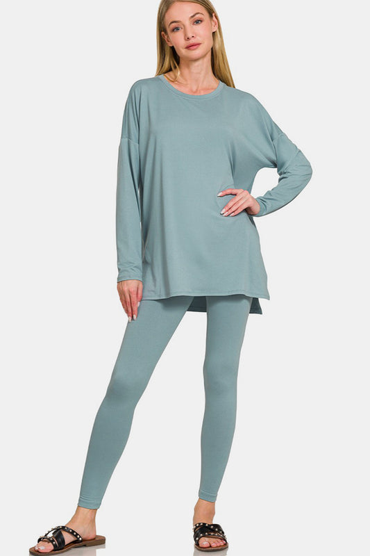 Zenana Brushed Microfiber Top and Leggings Set - Blue Grey