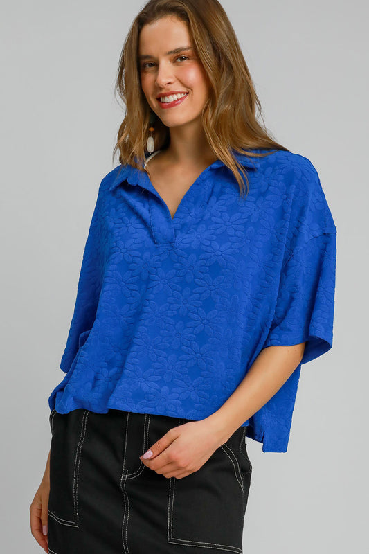 Umgee Floral Jacquard Top - Royal Blue