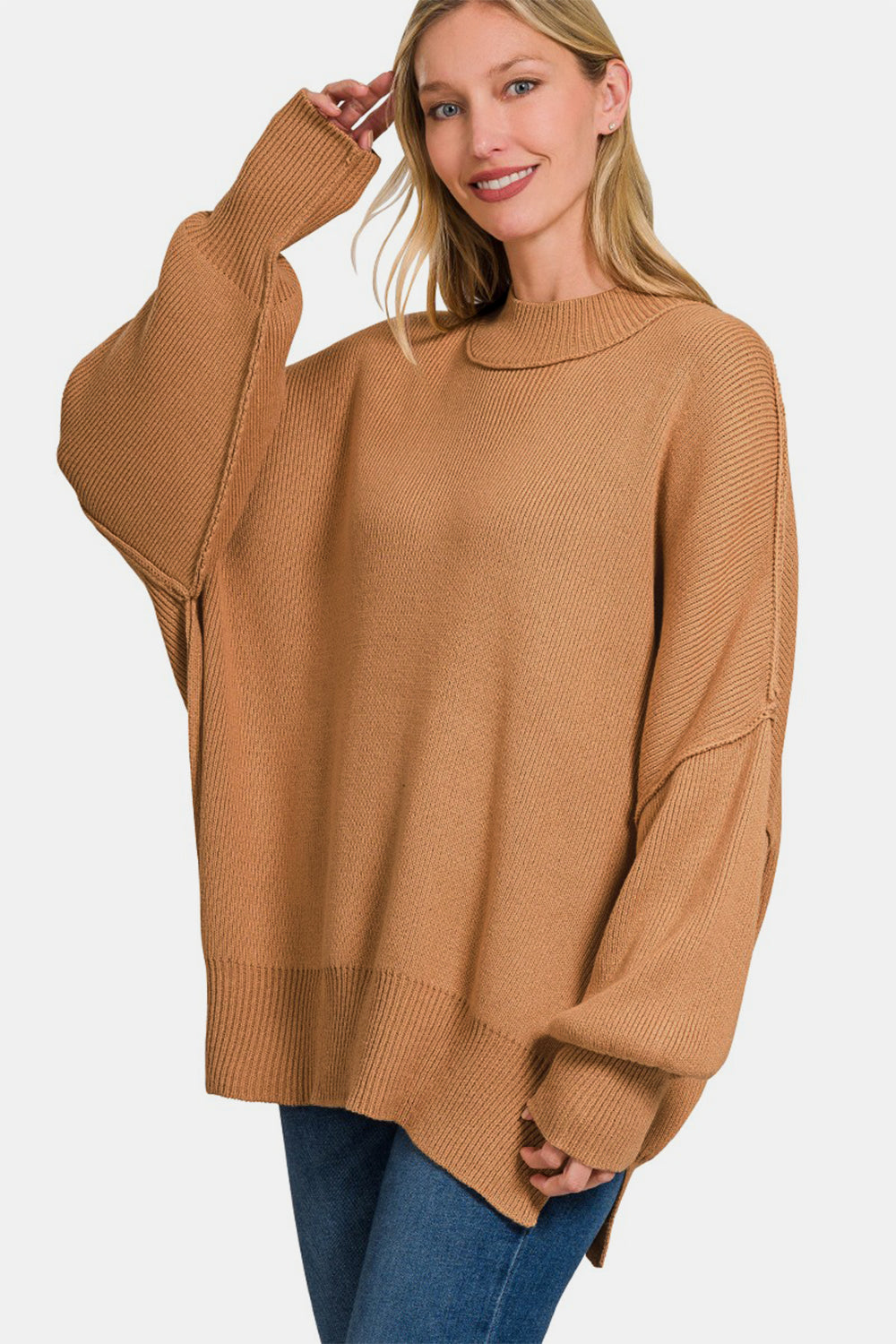 Zenana Camel Side Slit Sweater