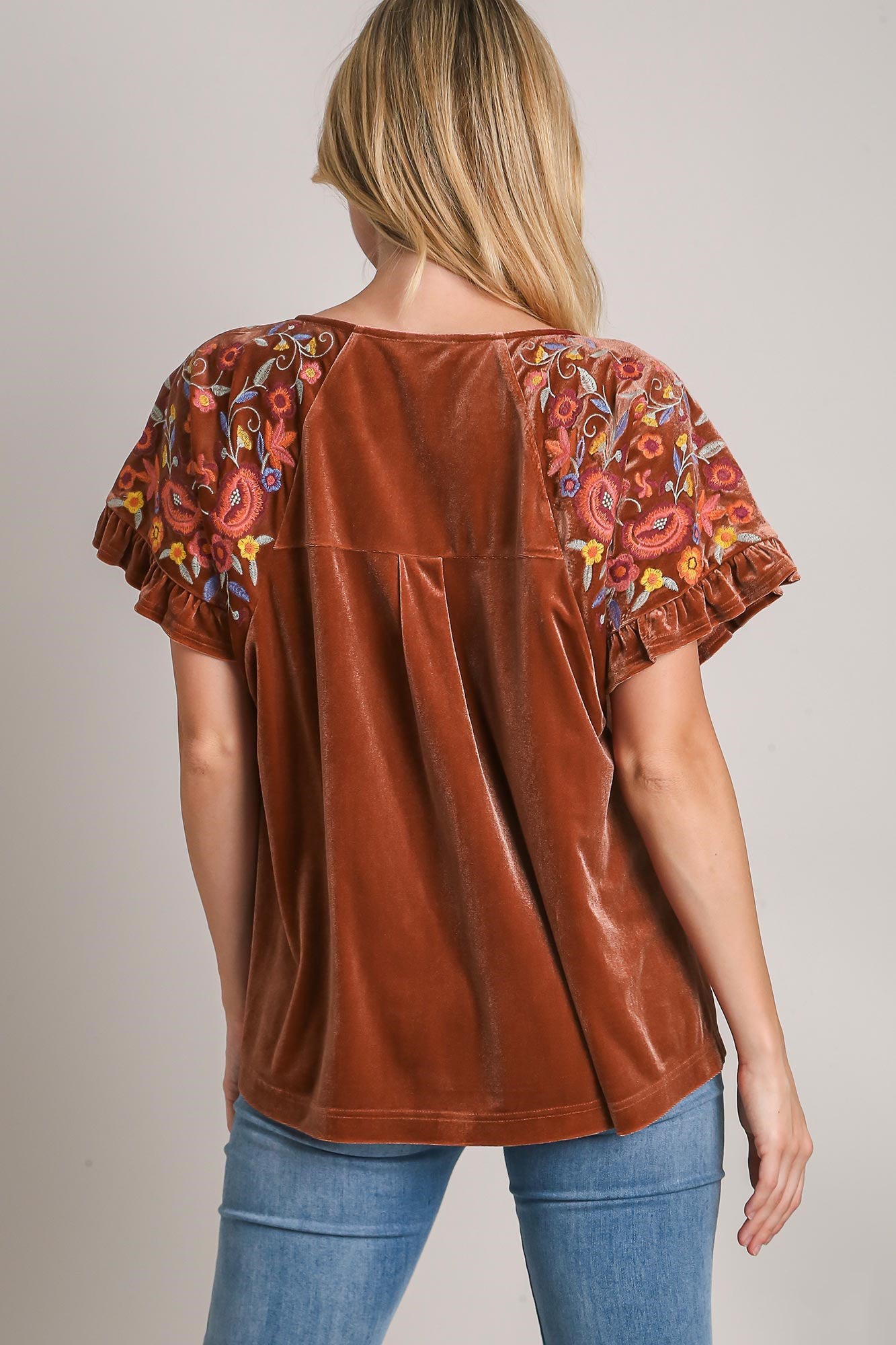 Umgee Velvet Embroidery Top - Brown