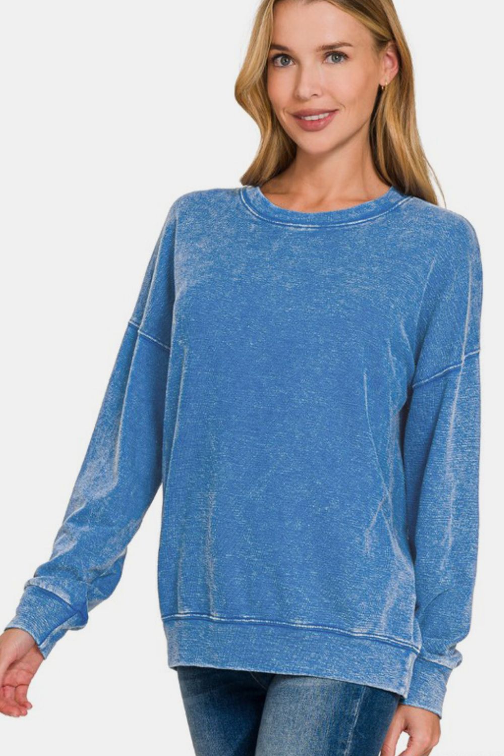 Zenana Washed Dropped Shoulder Sweatshirt - Blue