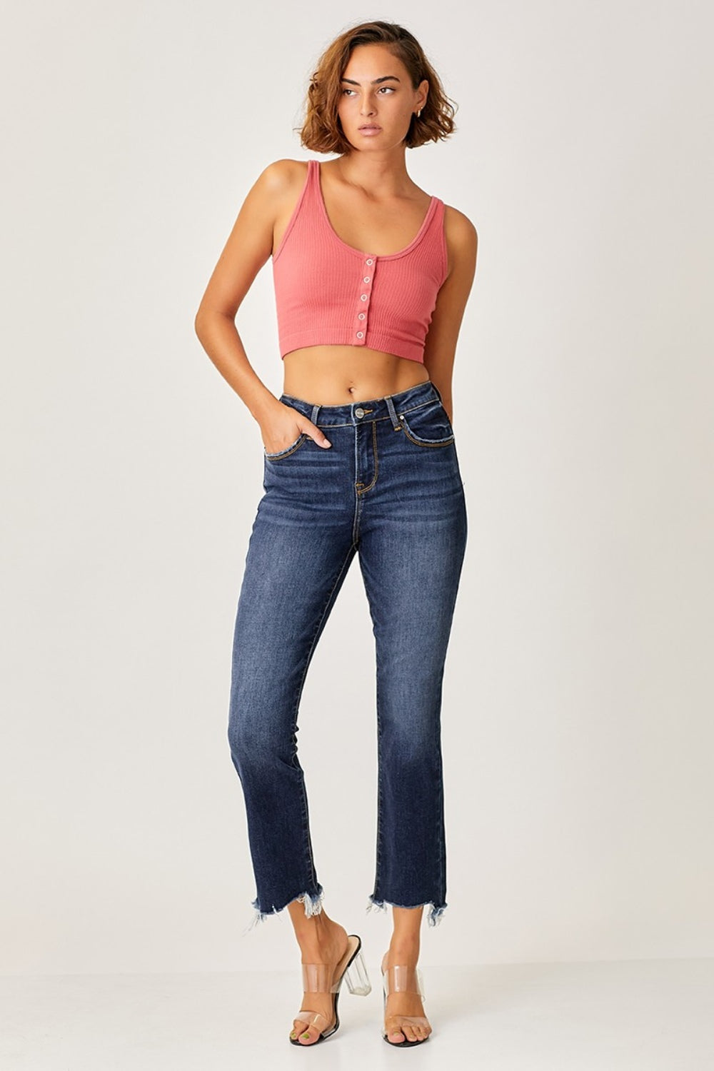 Risen Frayed Hem Cropped Straight Jeans - Dark Wash