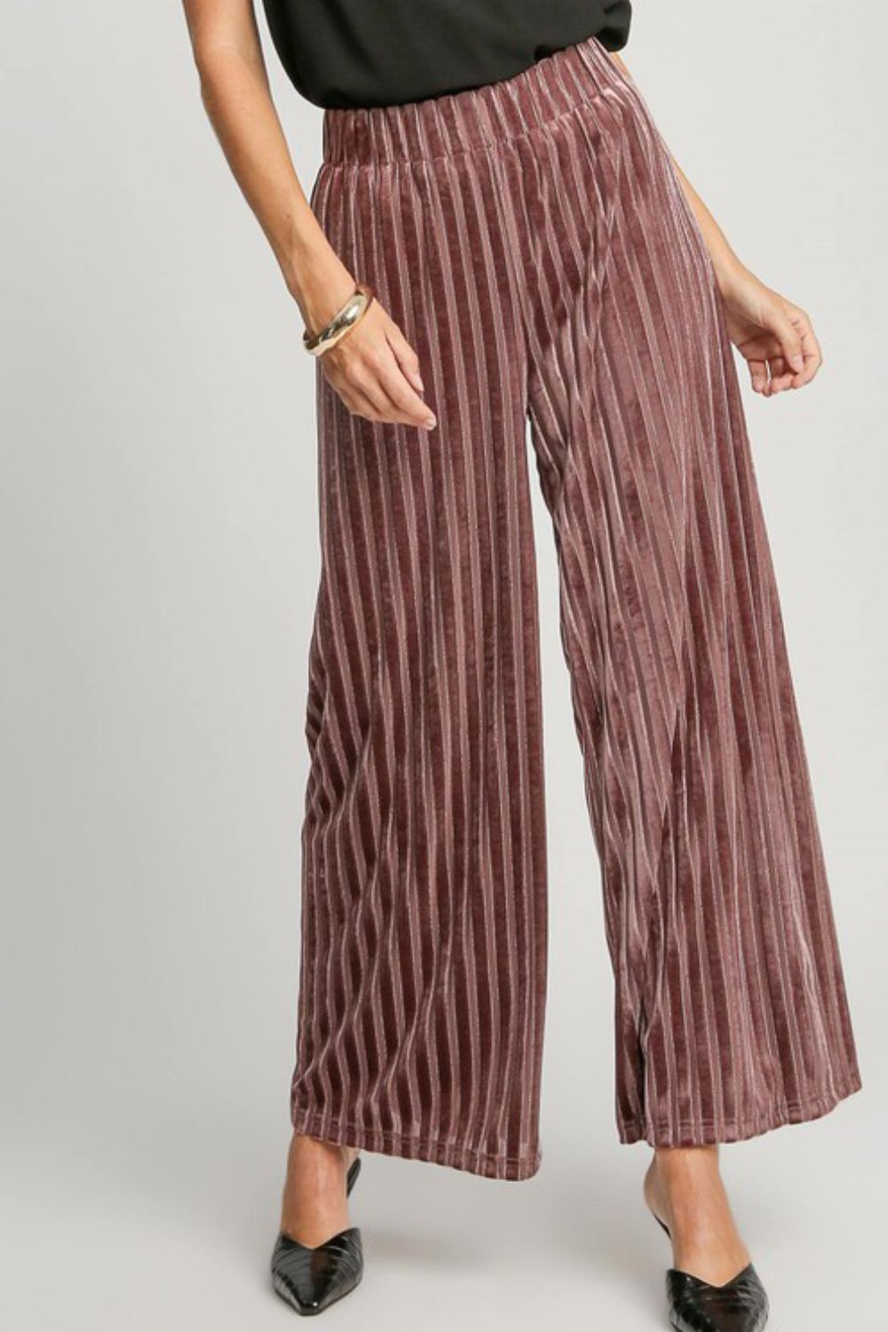 Umgee Velvet Striped Pants - Burgundy