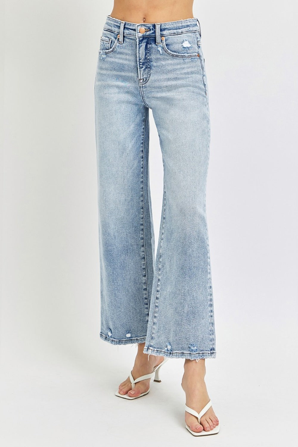 RISEN Tummy Control High Rise Crop Wide Leg Jeans - Light Wash