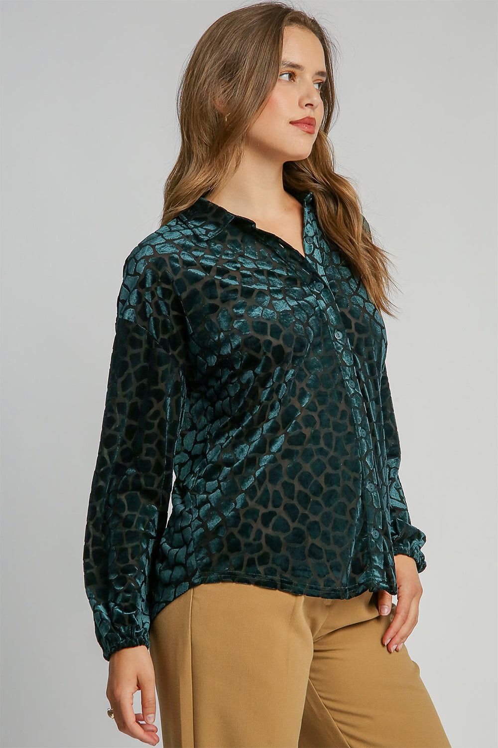 Umgee Velvet Animal Print Top - Hunter Green