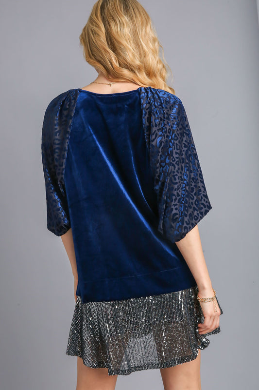 Umgee Velvet Leopard Top - Navy