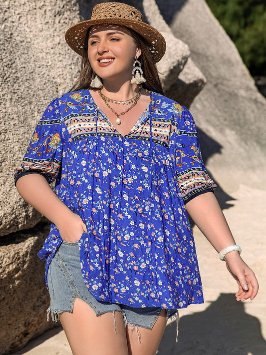 Plus Size Blue Boho Top