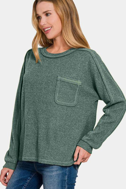 Zenana Ribbed Hacci Top - Ash Jade