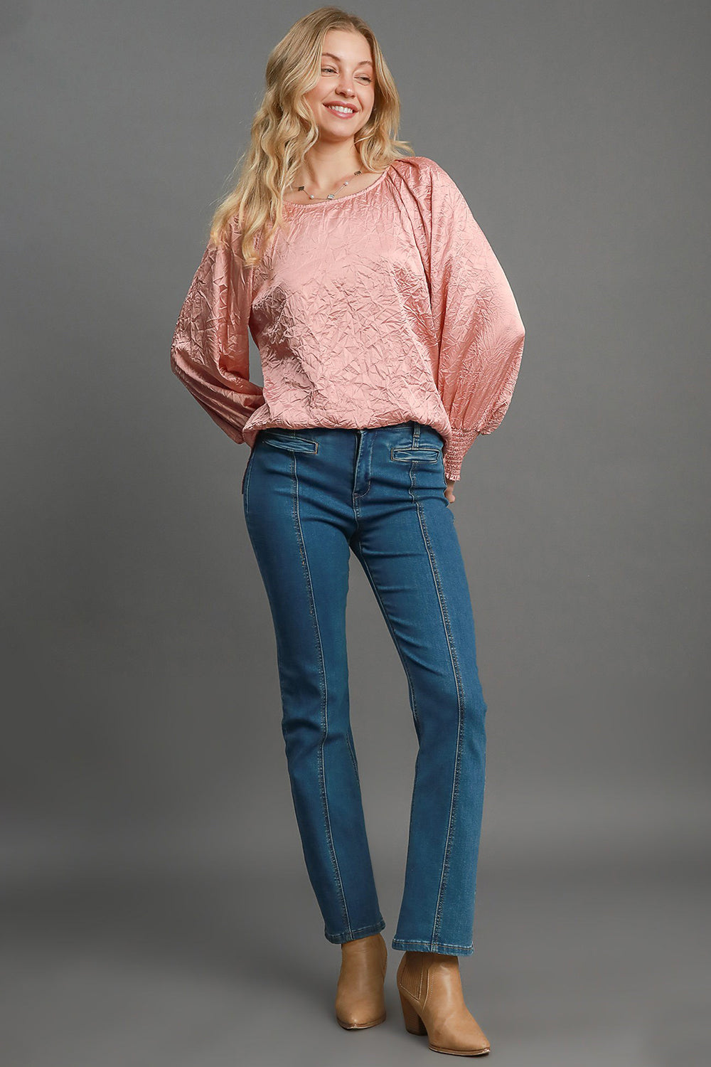 Umgee Wrinkled Lantern Sleeve Top - Blush Pink