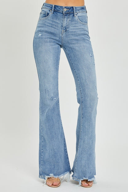 Risen High Rise Frayed Hem Flare Jeans - Light