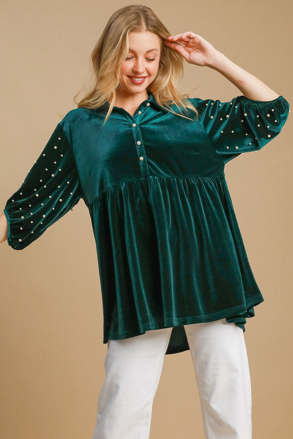 Umgee Pearl Detail Velvet Top - Hunter Green